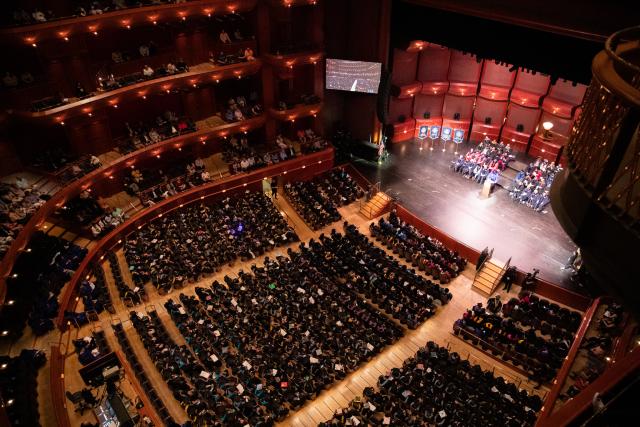 An overhead shot of NJPAC, filled with graduates and their supporters.