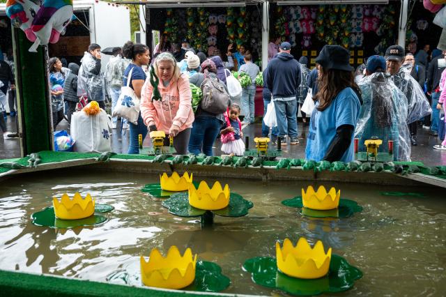 A wide shot of the frog and lilypad carnival game, which displays lily pads in a tank of water, and rubber frogs are lined up on the ledge of the tank. An older white female with gray hair is attempting to launch a rubber frog onto a lilypad. Kean students, alumni, and guests are in the background of the picture wearing rain ponchos, jackets, and sweatshirts.
