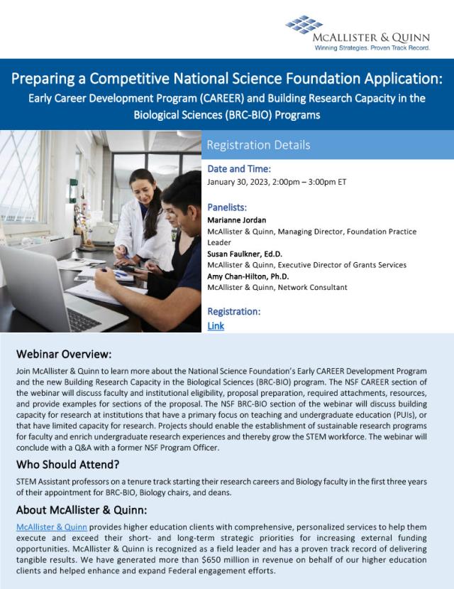 A flyer with a header (Preparing a Competive National Science Foundation Application) with details of an upcoming webinar session. Photo includes two people working on a document.