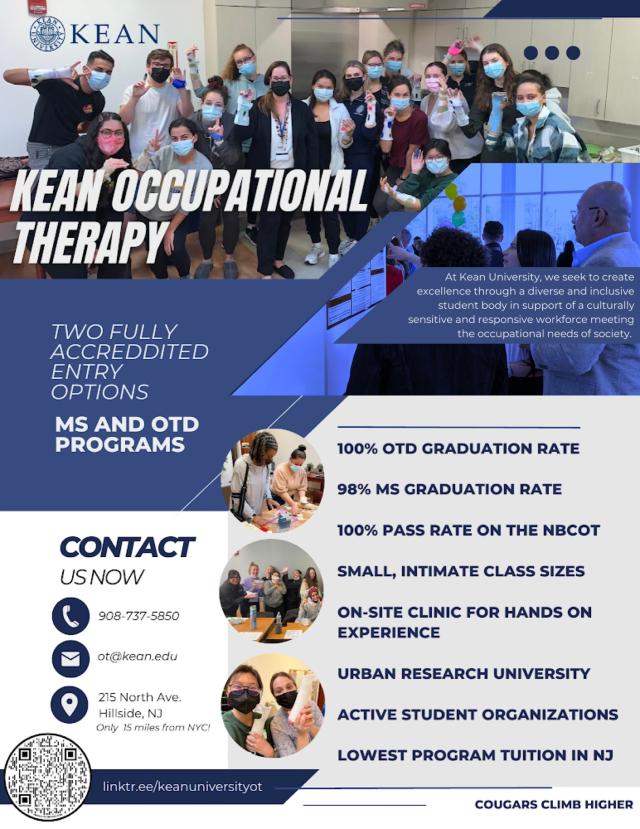 An infographic containing highlights of Kean's OT program such as its accreditation, class sizes, and tuition rate