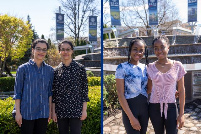 Dhairavi and Dhaara Shah, on the left, and Estella and Esther Blankson, on the right, are all presenting research at Kean's Research Days