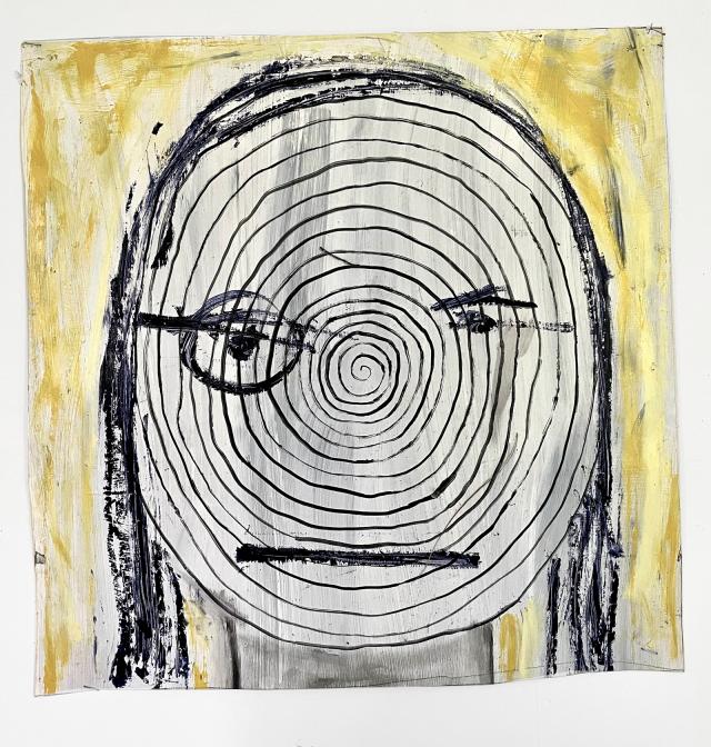 A roughly drawn image of a woman with concentric circles over her face