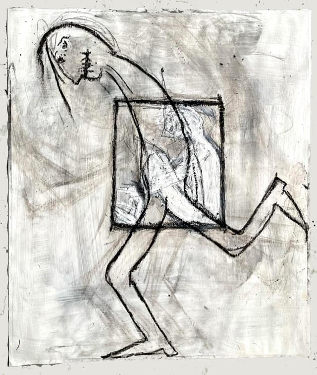 A black and white work on paper - a person walks, head hanging down, hands in pockets