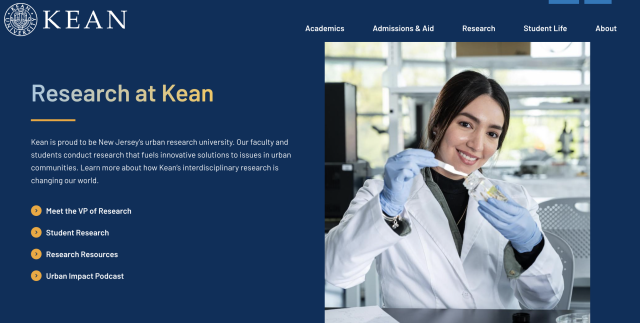 A screenshot of the Research at Kean webpage, with an image of a female student in a lab