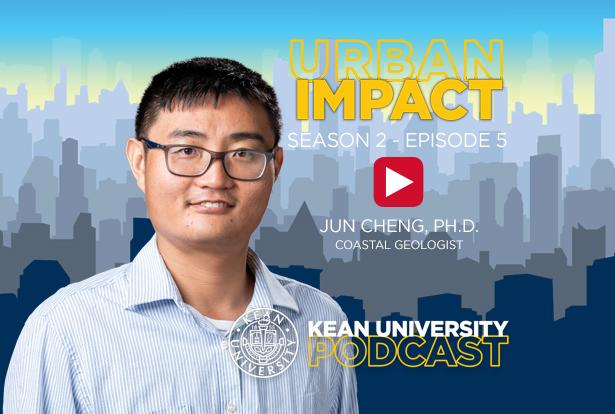 Researcher shown in front of Urban Impact podcast logo