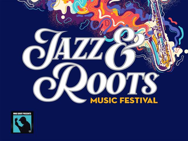 A saxophone with colorful swirls around it. The title Jazz & Roots Music Festival in a script and sans font