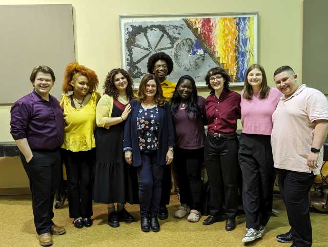 A group of Kean theatre performance students pose with Professor Holly Logue.