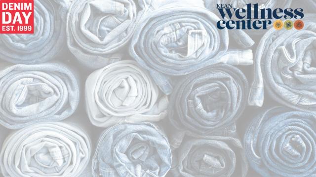 Zoom background to use for Denim Day on April 24, 2024. There are roll up jeans with the Kean Wellness Center logo and the Denim Day logo in the corners of the image.