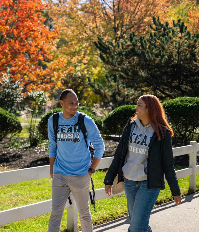 Kean students stroll along Cougar Walk on a beautiful fall day 