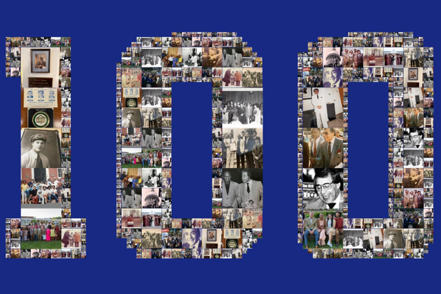 A graphic image of the number 100, within each numeral are multiple photos of John S. Watson Sr.