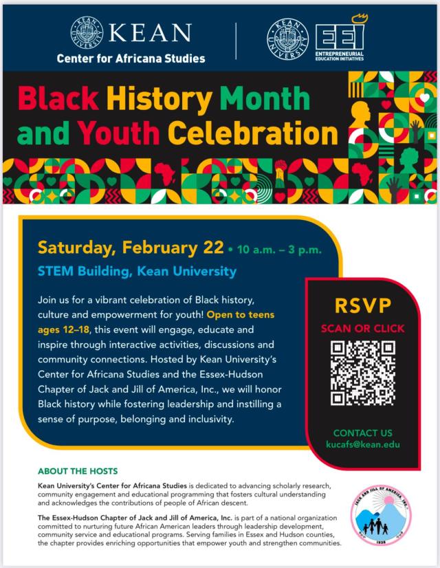 Black, yellow and green design that says Black History Month and Youth Celebration, with Kean University seal and and EEI logo, with blue borders.