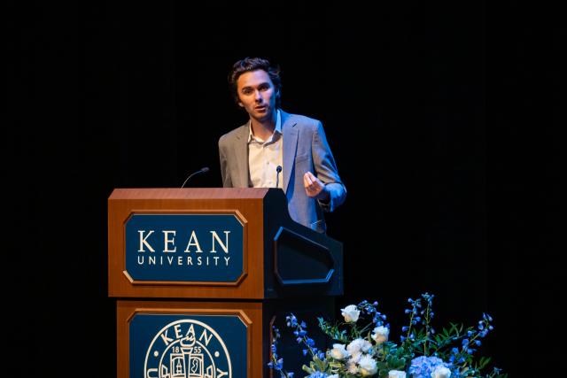 David Hogg speaks at the podium during Kean's Human Rights Conference