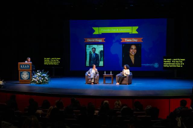 David Hogg and Tiana Day are seated on stage at the Human Rights Conference