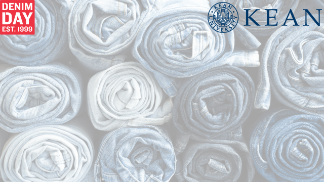 Zoom background to use for Denim Day in April. There are roll up jeans with the Kean logo and the Denim Day logo in the corners of the image.