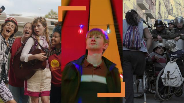 A collage of three scenes captures diverse stories: a group of six young people posing together for a selfie; a solitary individual standing under bright lights; and a group of people with disabilities in an interaction with law enforcement. 