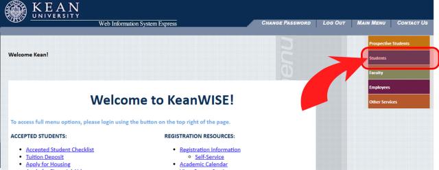 KeanWISE WebAdvisor Student Menu