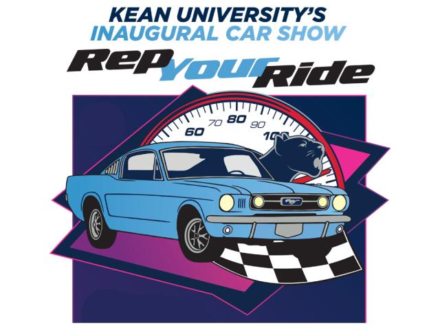 Kean University Inaugural Car Show Rep Your Ride logo with blue car with a cougar coming out of it, speedometer, racing flag.
