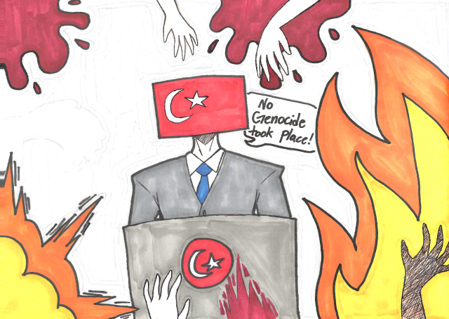 Student art piece featuring Turkish flag on body of political at podium surrounded by fire, explosions, blood, and hands
