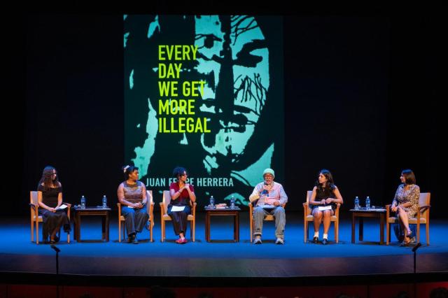 Juan Felipe Herrera with a panel of Kean students