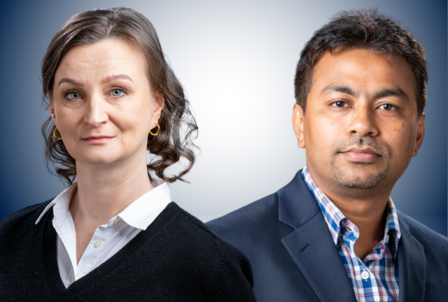 Side by side headshots of a white female with short hair, white collared shirt and black sweater; brown male with checkered shirt and gray jacket.