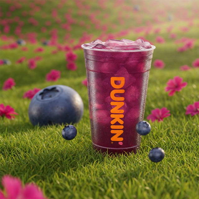 Image created in AI & Design Class by Kean students of purple iced Dunkin drink in field surrounded by flowers