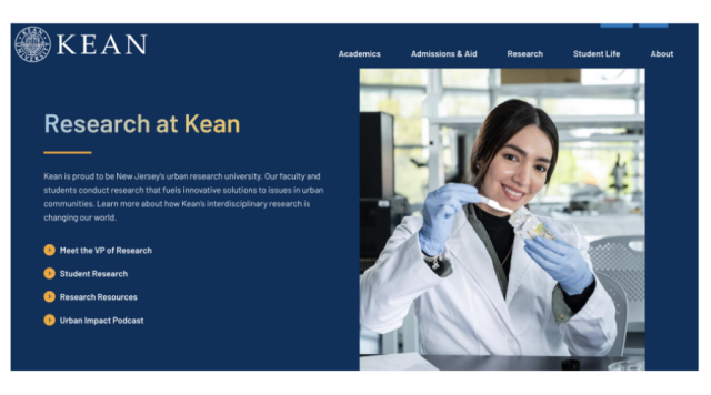 A screenshot of the Research at Kean webpage, with an image of a female student in a lab