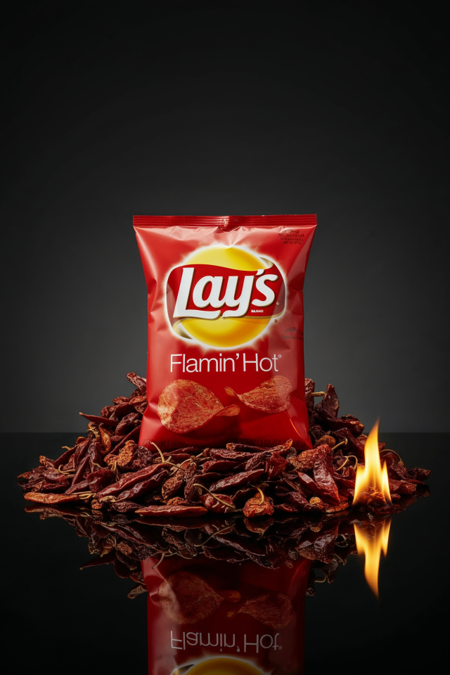 Image created in AI & Design Class by Kean students of bag of Flamin Hot Lays potato chips on a table with a flame surrounding 