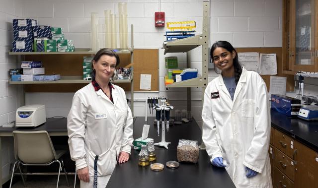 Maria Shumskaya, Ph.D., and Madhumitha Sadhasivan Gayathri in lab 