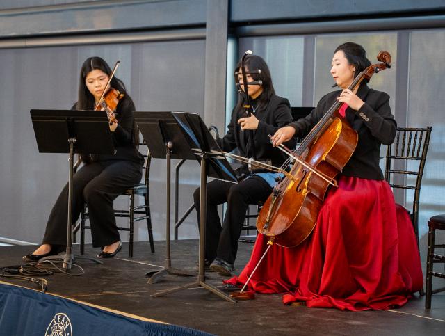 A Musician performs on the cello at the  Dialogue between the West and East concert