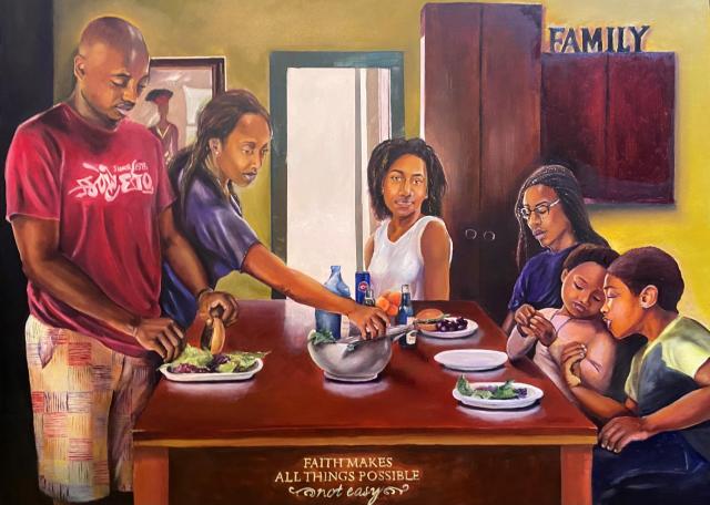 A Painting by Timothy Simmons of an African American family gathered around a dining room table 