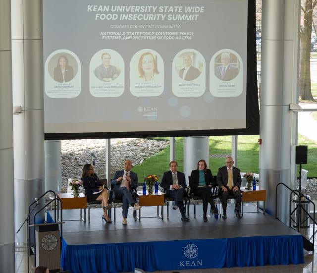 Five panelists on stage at Kean's Food Insecurity Summit