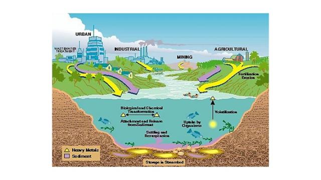 An illustration of heavy metals, sediment and urban, industrial, mining and agricultural waste water runoff