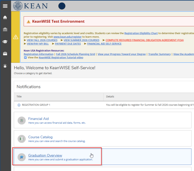 A screenshot of KeanWISE Self-Service with the Graduation Overview section highlighted