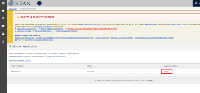A KeanWISE screenshot that shows the Graduation Application page and where students can click to apply for graduation