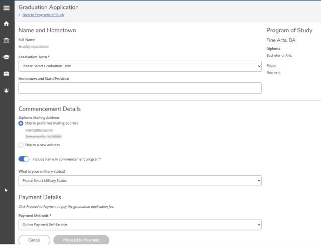 KeanWISE screenshot of the graduation application fields