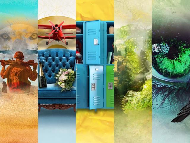 A vibrant collage blends various thematic elements, including an owl's eyes, a soldier, an airplane, a luxurious chair with flowers, lockers, a lush landscape, and a close-up of a green eye. These segments evoke themes of nature, adventure, luxury, mystery, and introspection, creating a dynamic visual narrative.