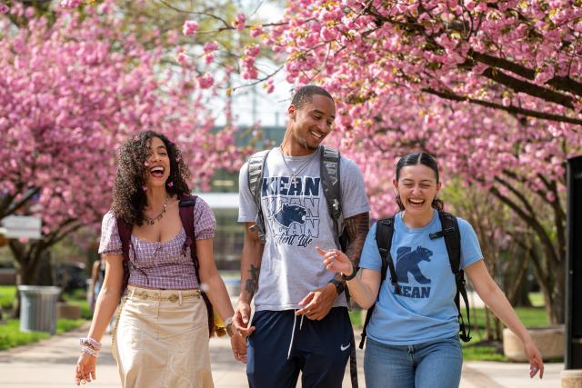 Kean students walk a Cherry blossom lined path on campus