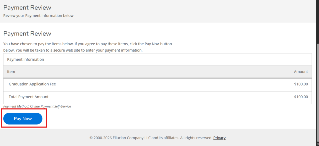 A screenshot of the Payment Review screen in KeanWISE for the graduation application