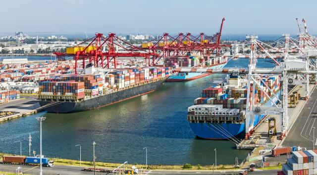 Cargo ships docked in a large port