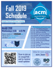 Flyer of Fall 2019 ACM Club Events. Check acm_Kean on Instagram.