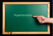 Blackboard with hand pointing to the word "Hypertension" (presentation topic)